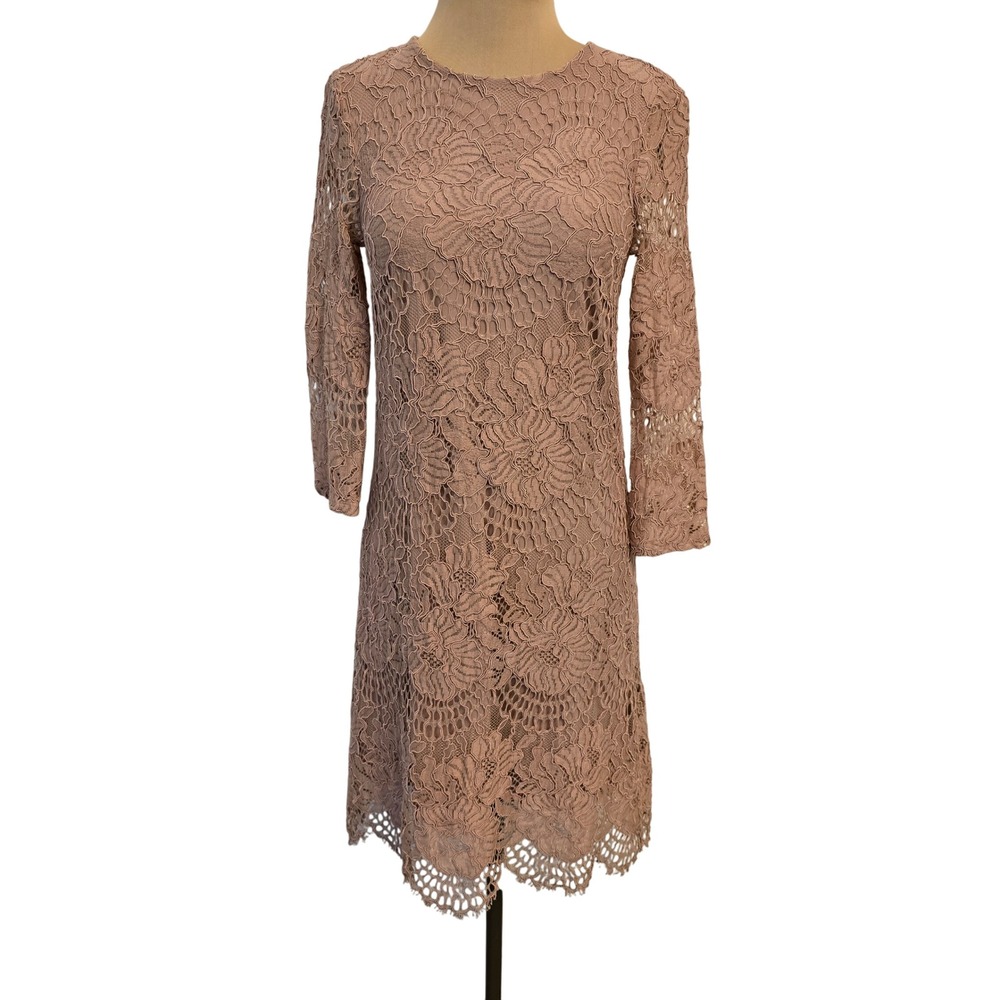 H&M Dress Size 2 Pink Floral Lace Overlay 3/4 Sleeves Party Cocktail bodycon‎